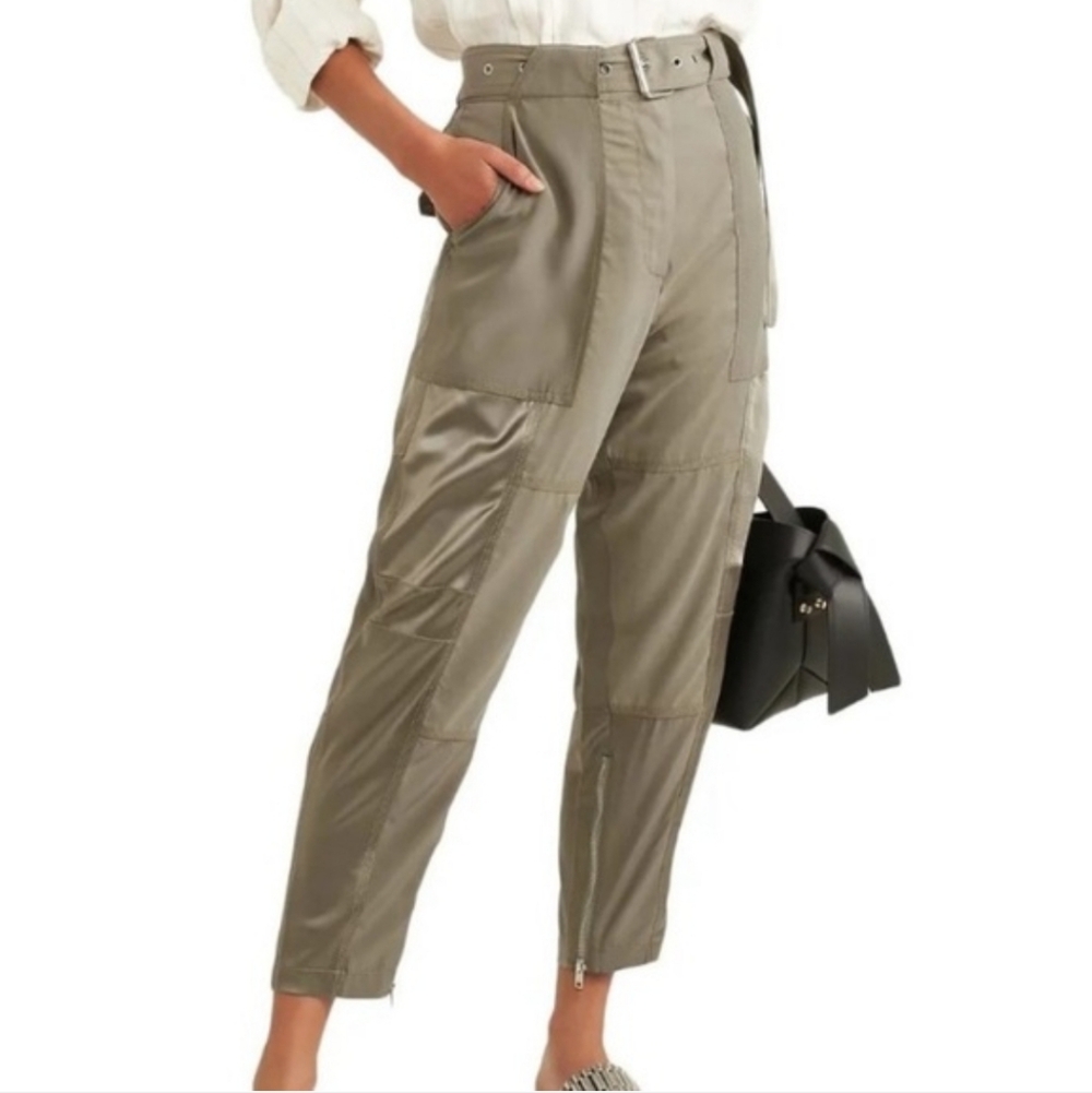 3.1 Phillip Lim Cargo Pants Belted High Rise Ankle Zip Silk Trim Army Green 2